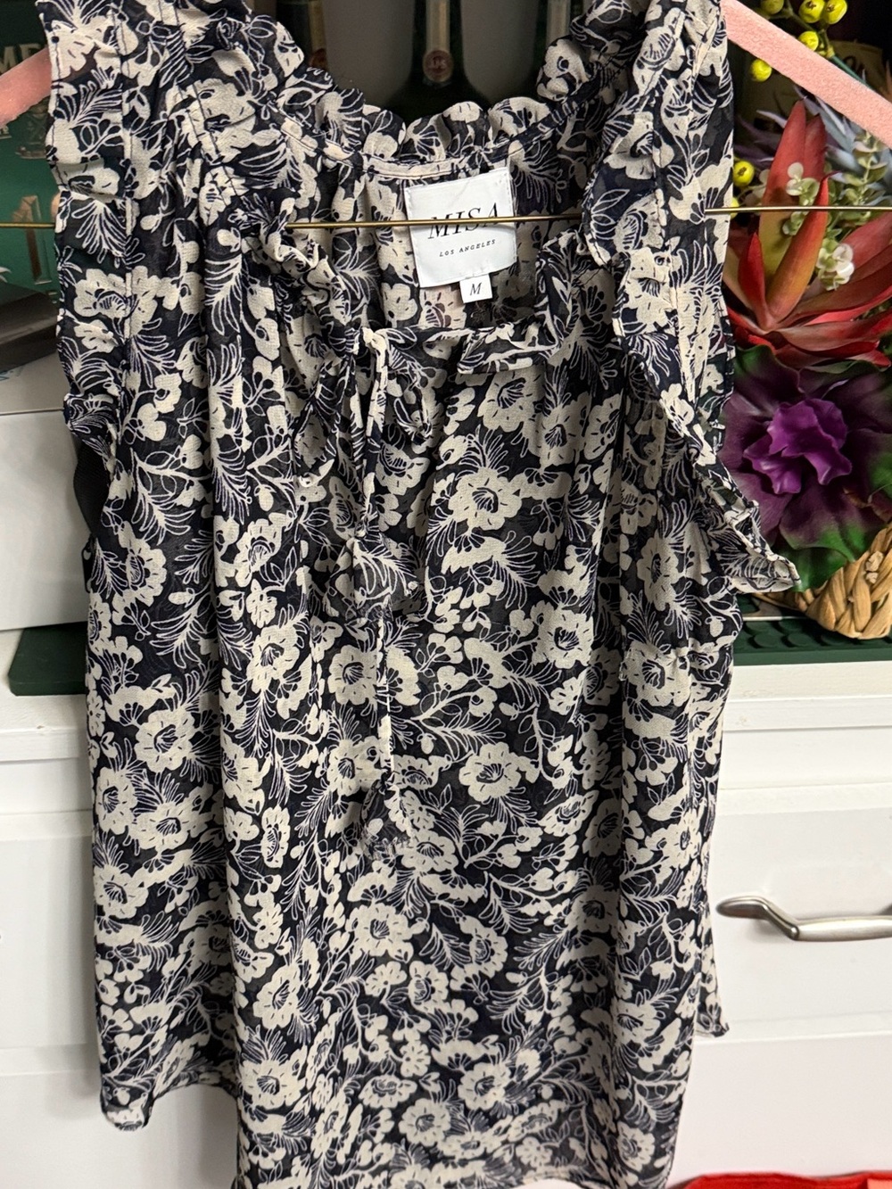Misa Los Angeles Navy and Cream Floral Ruffle Tie-Front Camisole